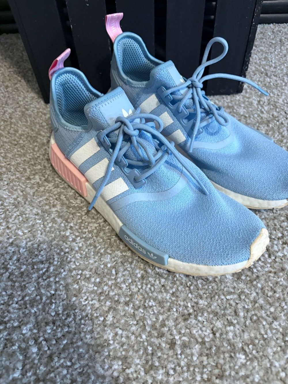 adidas Light Blue Knit Sneakers with Pink Heel Tabs